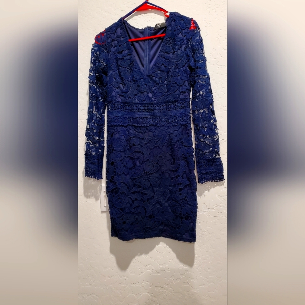 Blue Long Sleeve Lace Mini Dress